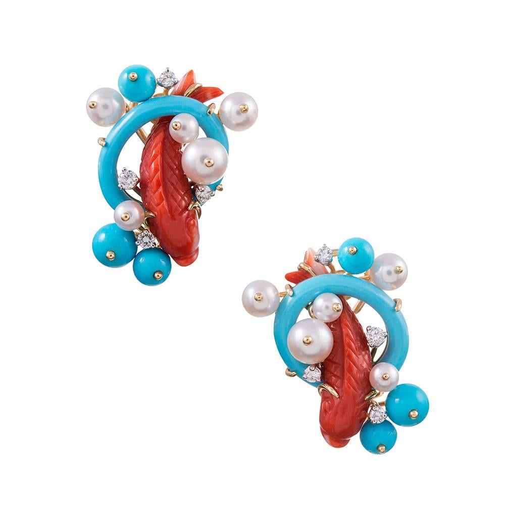 Seaman Schepps Red Coral Turquoise Pearl Diamond Gold “Koi" Earrings