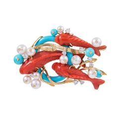 Seaman Schepps Red Coral Turquoise Pearl Diamond Gold “Koi" Brooch