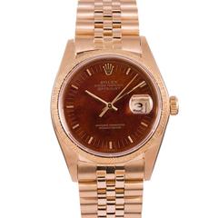 Vintage Rolex Yellow Gold Datejust Birch Wood Dial Bark Bezel Wristwatch Ref 16078