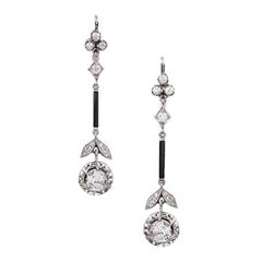 Onyx Diamond Platinum Floral Motif Drop Earrings