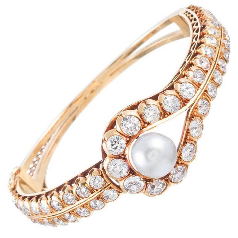 Pearl Diamond Hinged Bangle Bracelet For Sale at 1stDibs