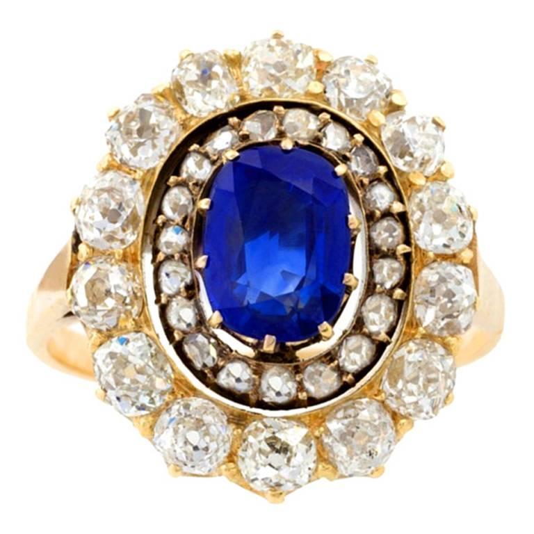 English Antique Sapphire Diamond Silver Gold Cluster Ring