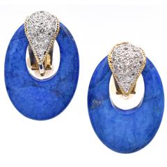 David Webb Lapis Lazuli Diamond Gold Platinum Earclips