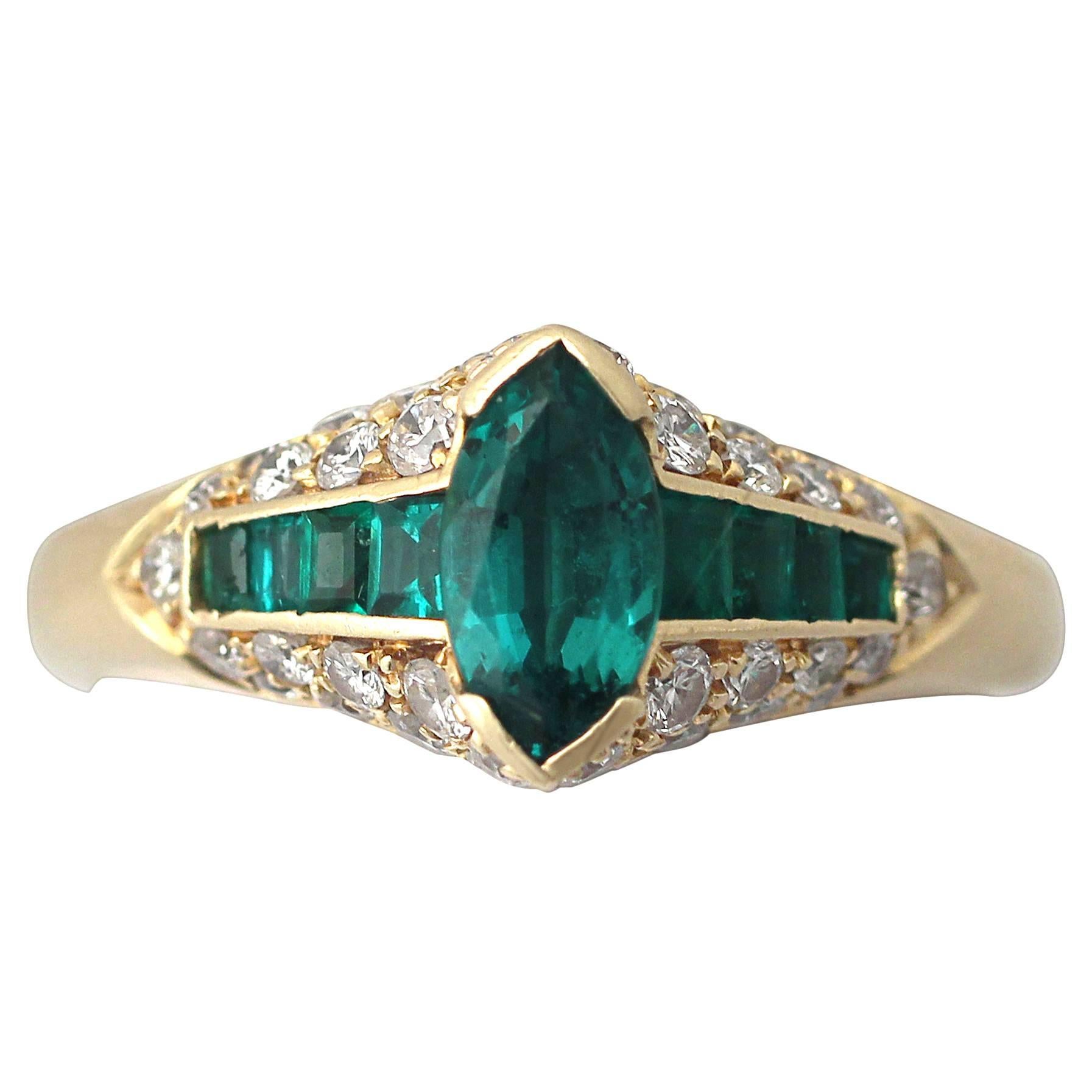 0.75Ct Emerald & 0.59Ct Diamond, 18k Yellow Gold Dress Ring - Vintage Circa 1980