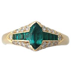 0.75Ct Emerald & 0.59Ct Diamond, 18k Yellow Gold Dress Ring - Vintage Circa 1980