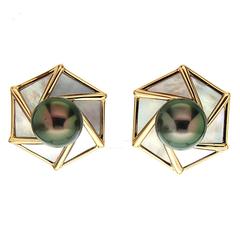 Tahitian Pearl White Mother of Pearl Gold Earrings 9