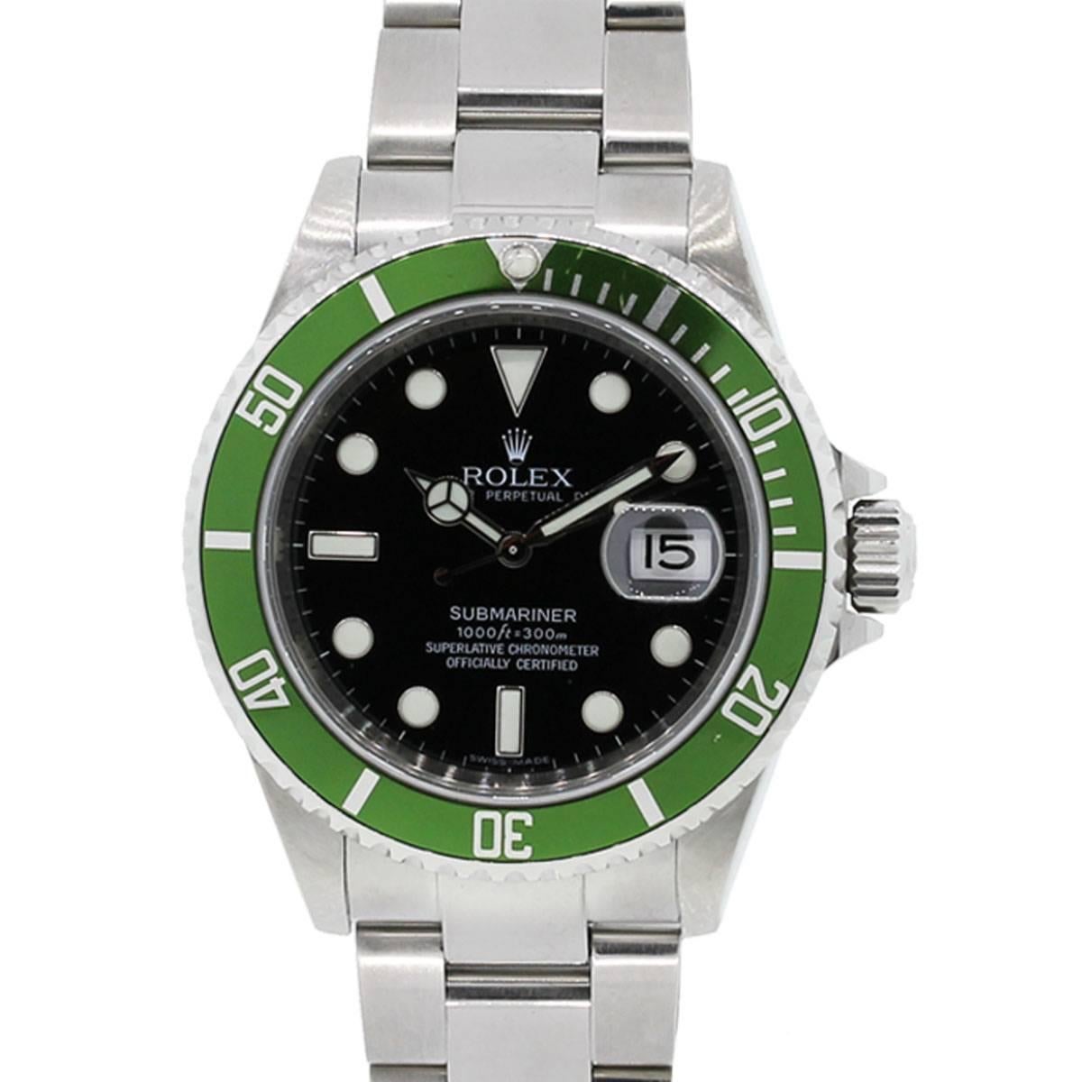 Rolex Stainless Steel Submariner Green Bezel Black Dial Wristwatch Ref 16610LV 
