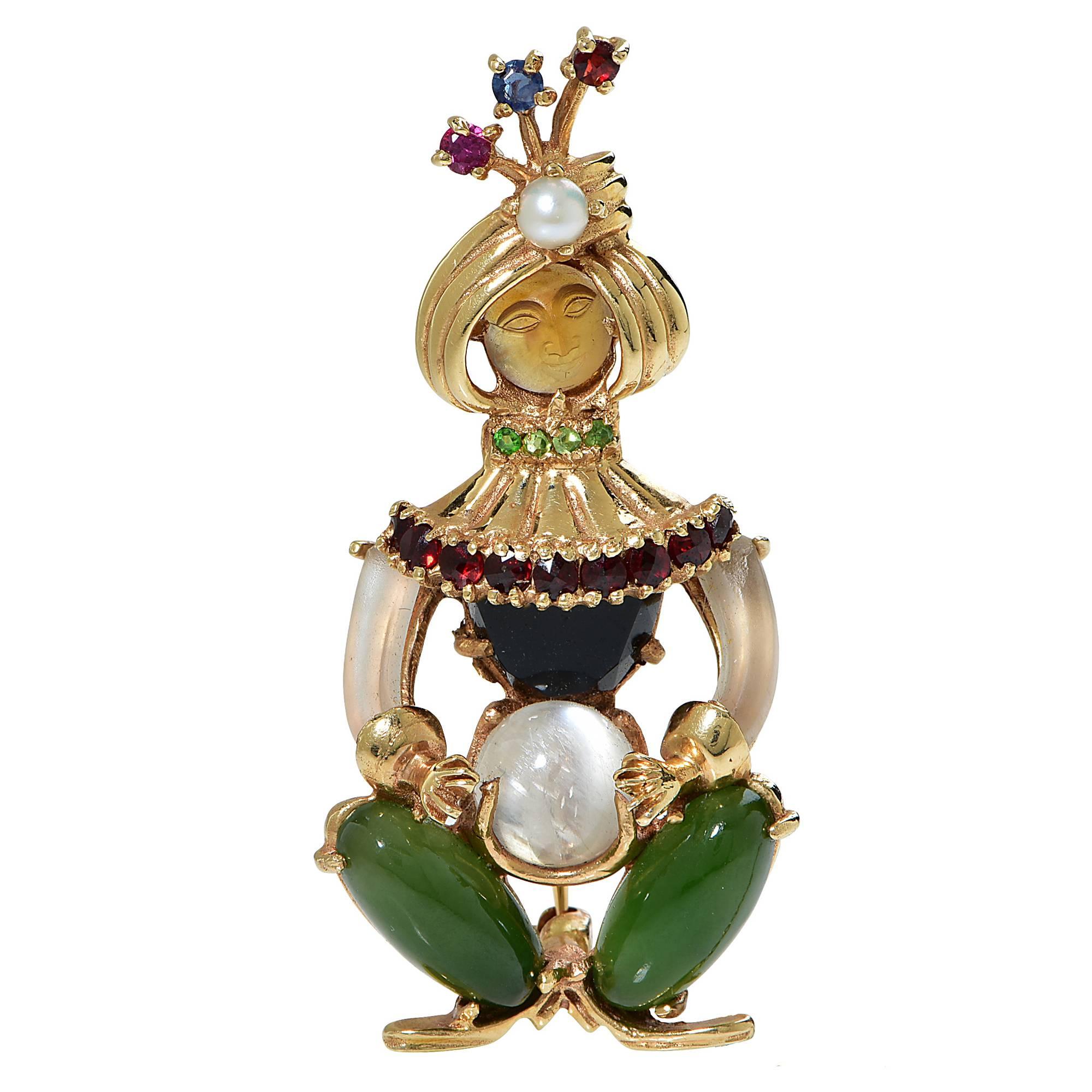 Harlequin Gemstone Gold Brooch