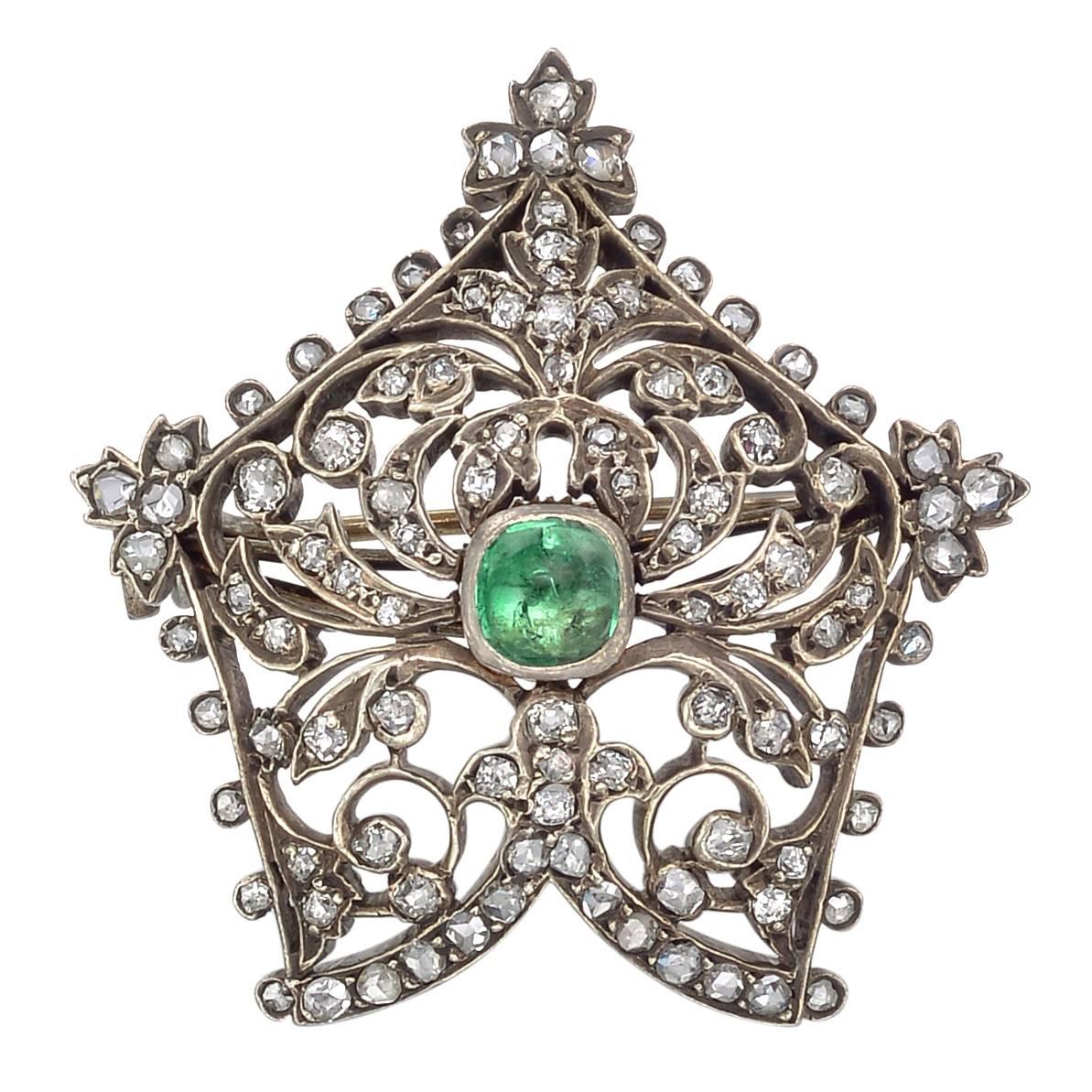 Antique Emerald Diamond Foliate Pin