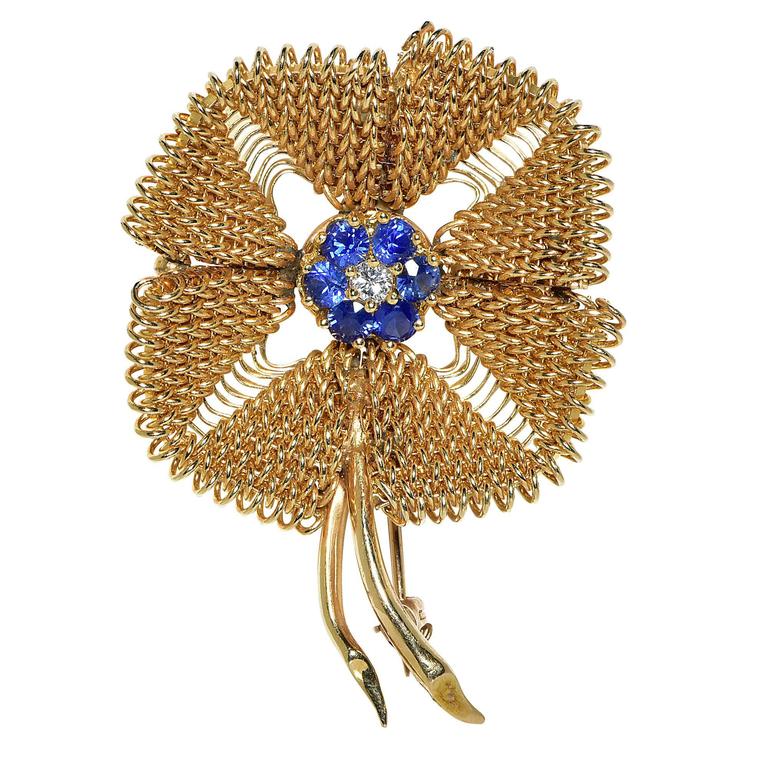 Sapphire Diamond Gold Brooch at 1stdibs