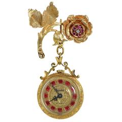 Antique Toliro Diamond Garnet Enamel Watch Brooch