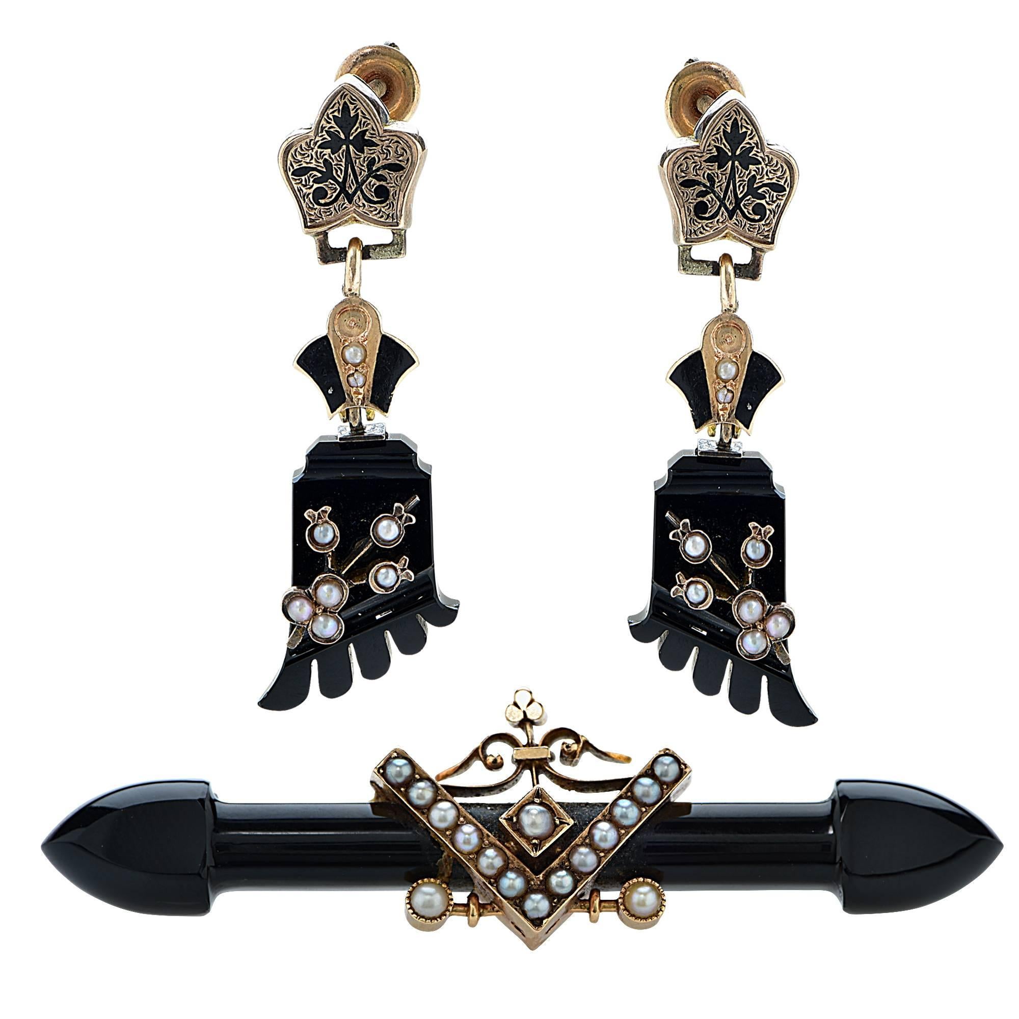 Victorian Mourning Earrings and Brooch