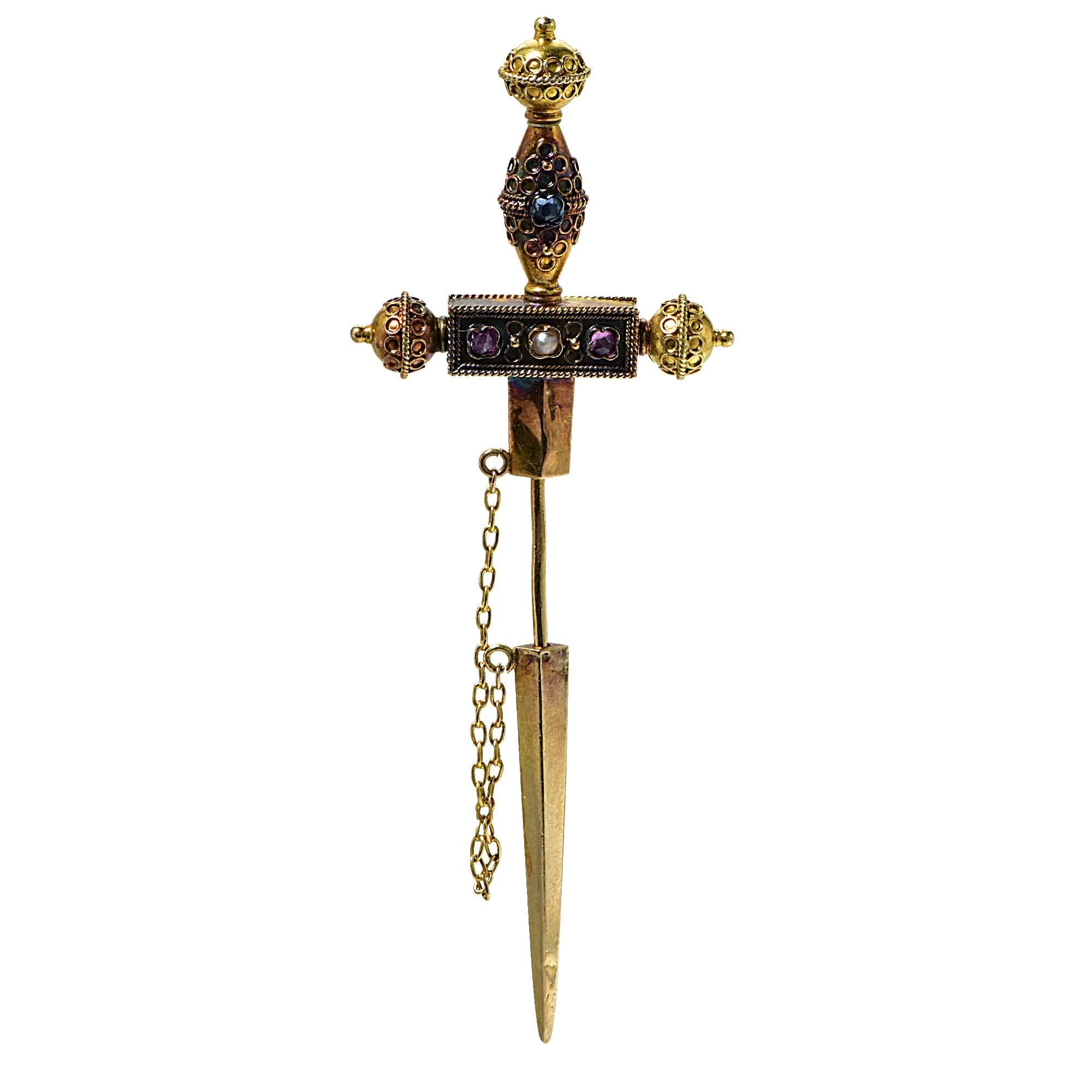 Victorian Pearl Gold Jabot Cross Brooch