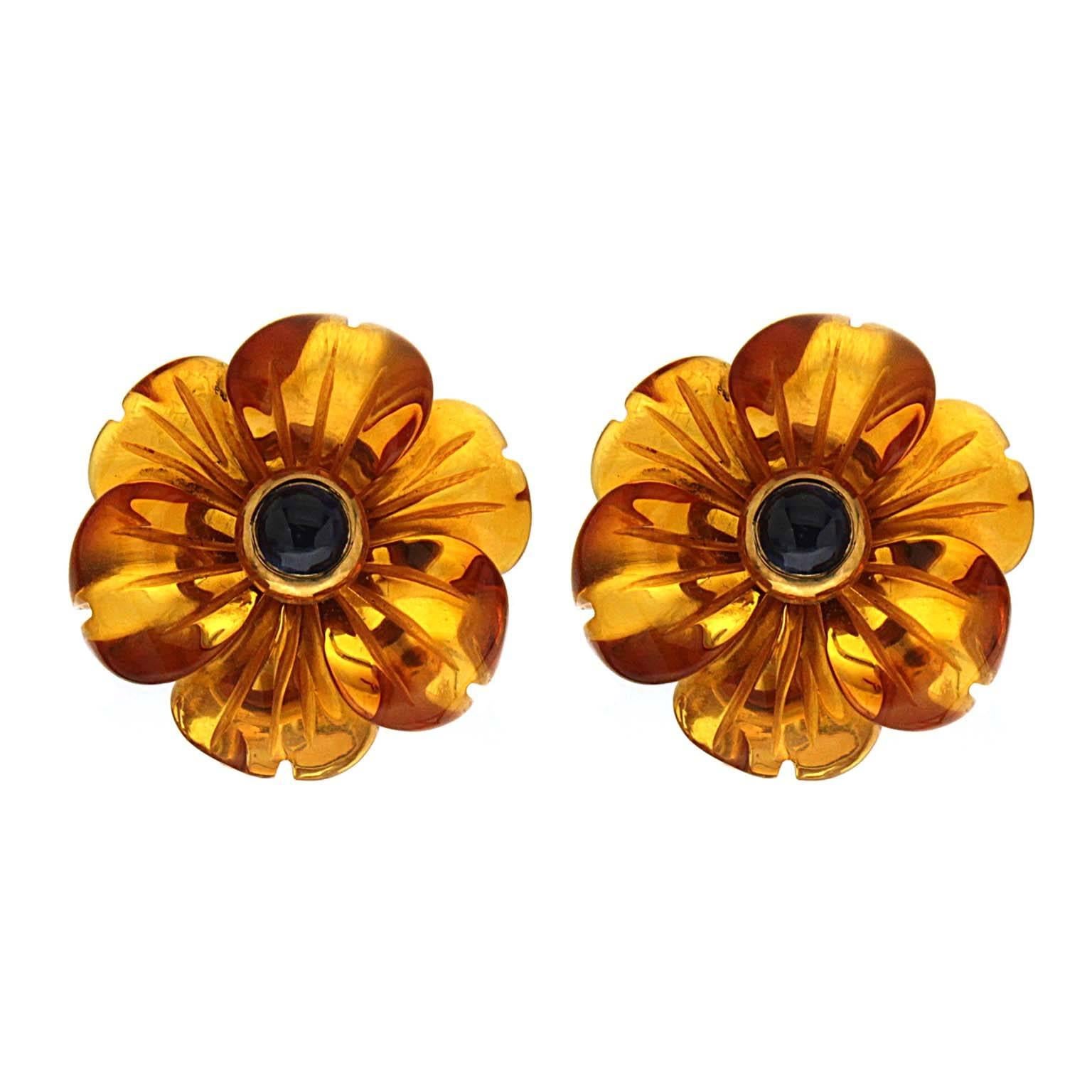 Amber Cabochon Sapphire Gold Flower Earrings