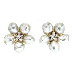 White Keshi Pearl Diamond Gold Cluster Earrings