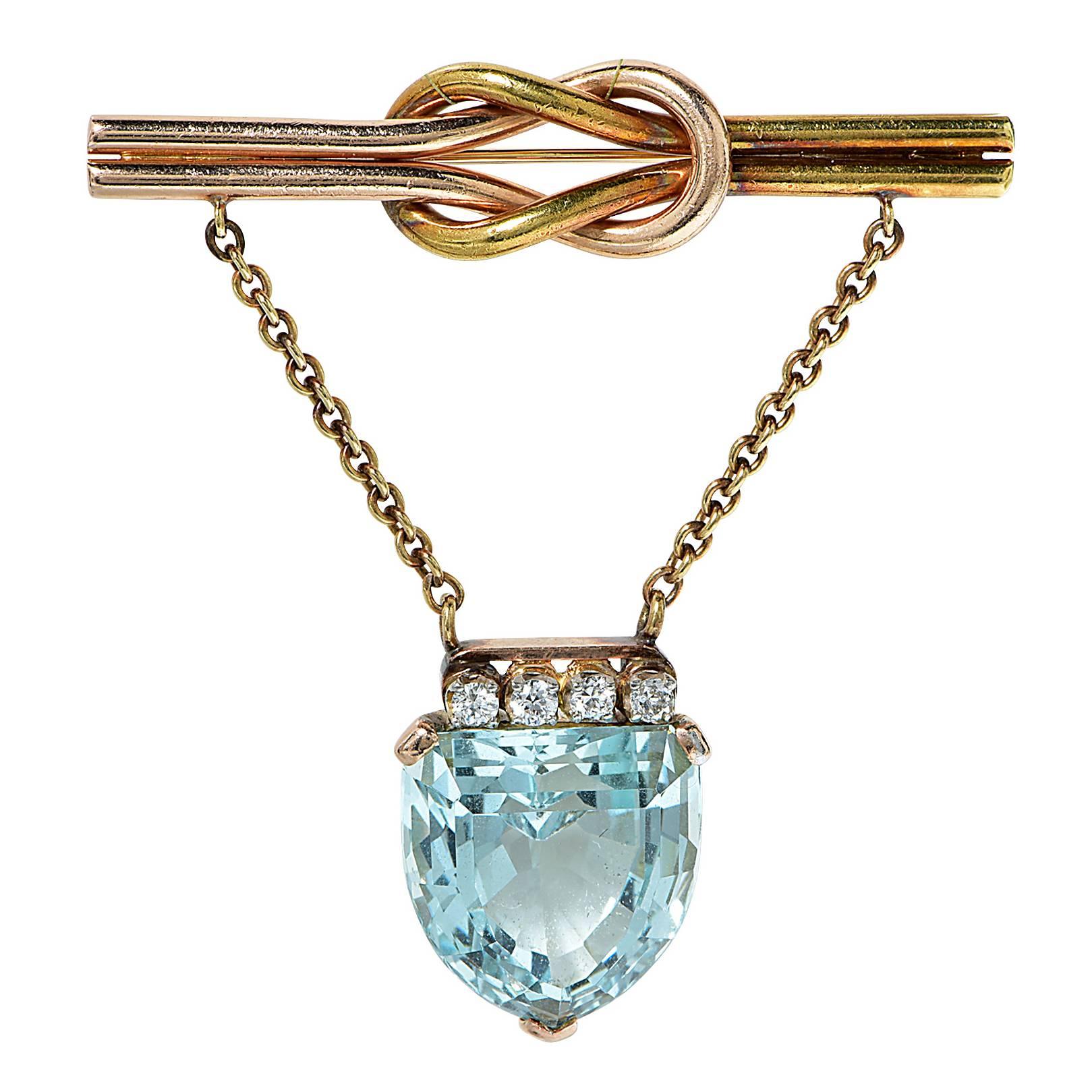 20 Carat Aquamarine Diamonds Two Color Gold Brooch