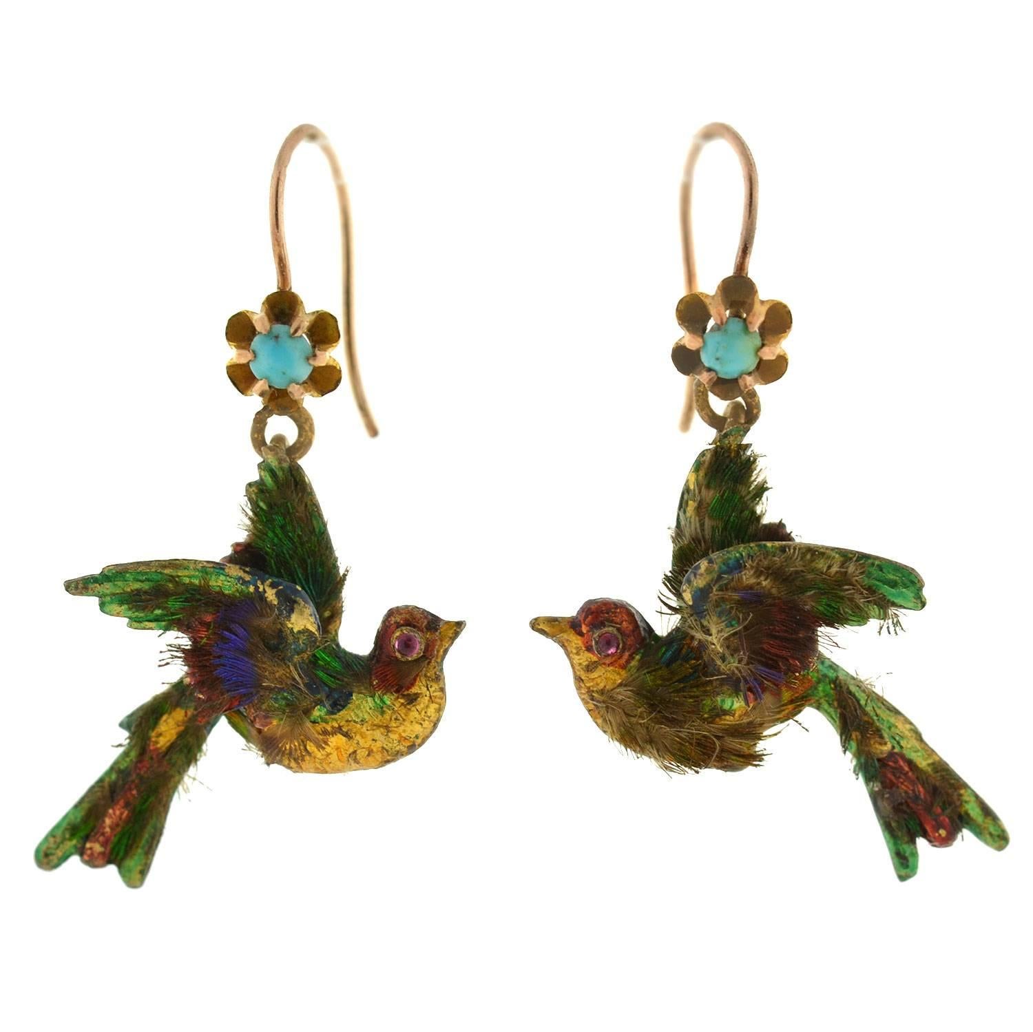 Rare Victorian Enamel Genuine Feather Ruby Turquoise Gold Bird Earrings For Sale