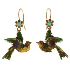 Antique Rare Victorian Enamel Genuine Feather Ruby Turquoise Gold Bird Earrings