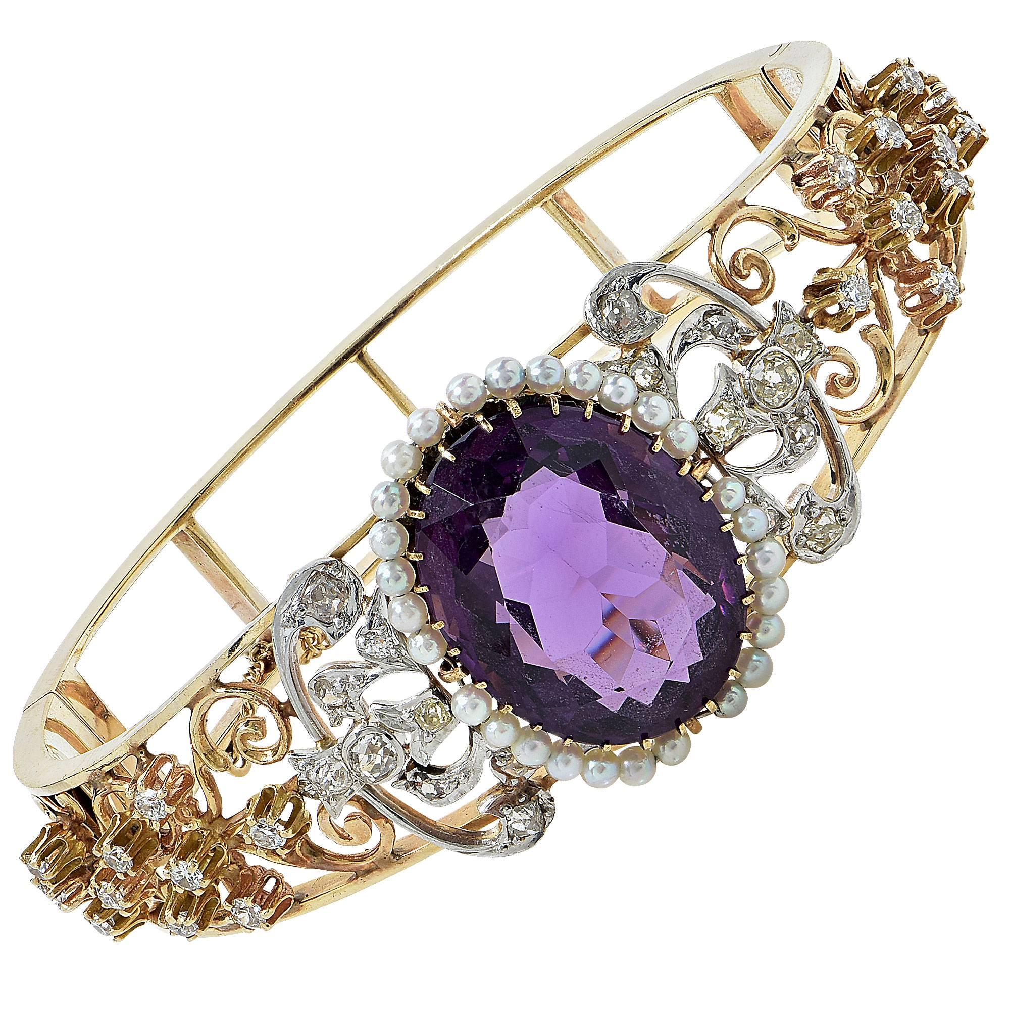 Amethyst Pearl Diamond Gold Victorian Bangle Bracelet