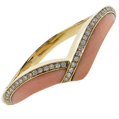 Vintage Coral Diamond Gold Bangle Bracelet