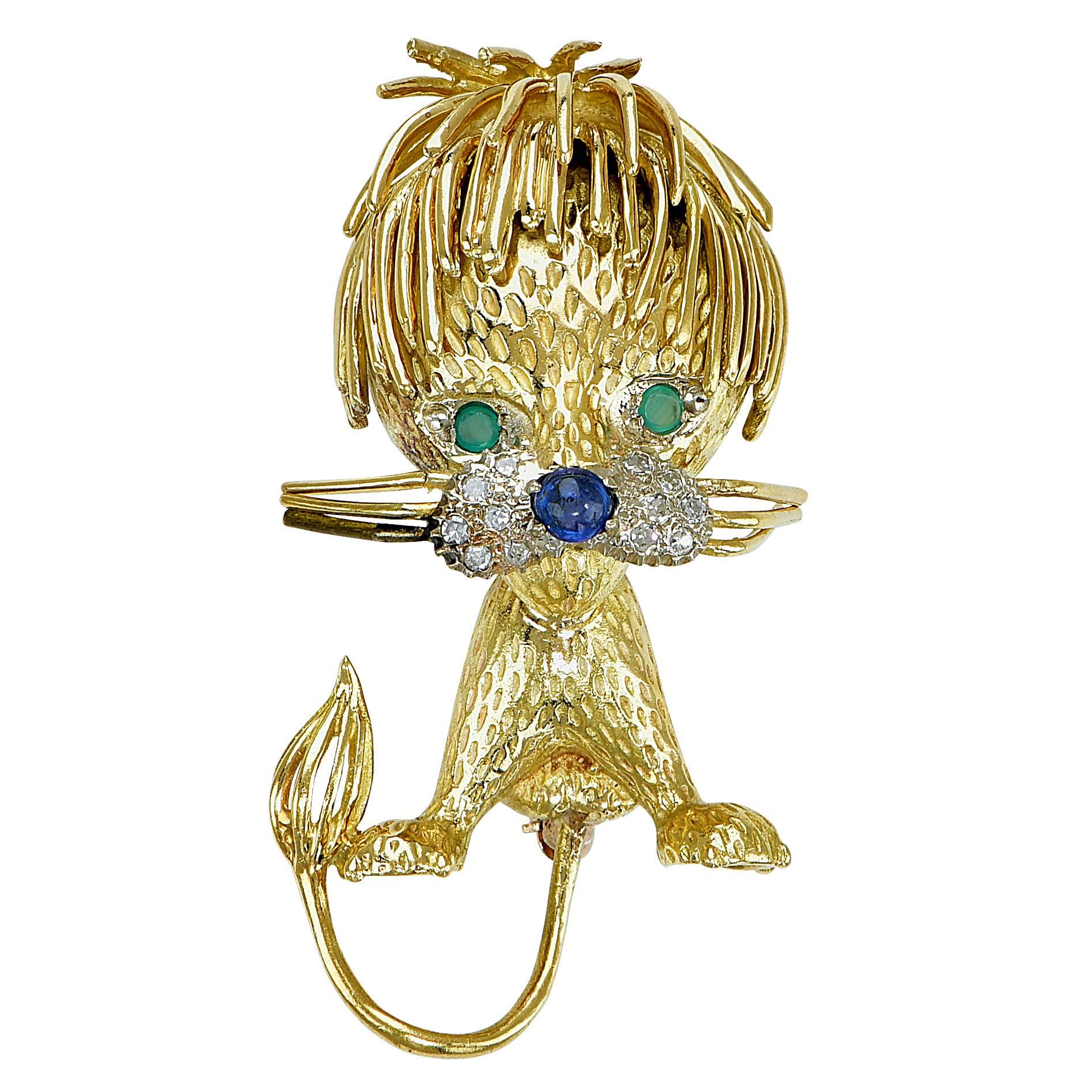 Sapphire Emerald Diamond Gold Dog Brooch