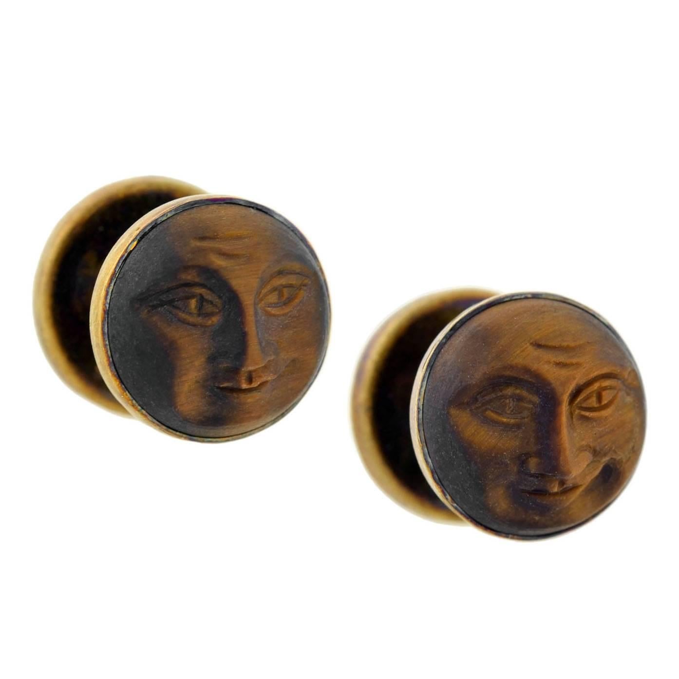 Victorian Hand Carved Tiger's Eye Gold "Man in the Moon" Cufflinks