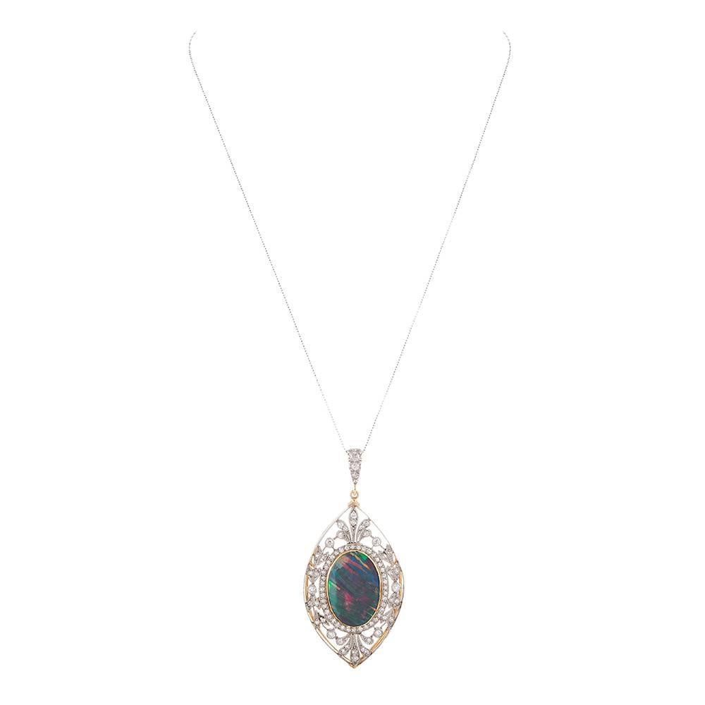 Edwardian 11.50 Carat Opal Diamond Gold Platinum Pendant For Sale