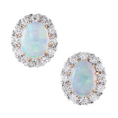 Oval Opal Diamond Two Color Gold Cluster Stud Earrings