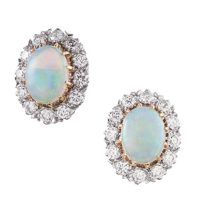 Oval Opal Diamond Two Color Gold Cluster Stud Earrings at 1stDibs