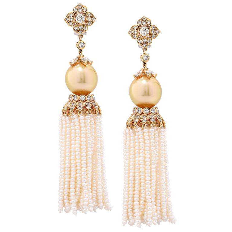 Clips d'oreilles en diamants dorés et perles des mers du Sud de 4,05 carats avec pompon amovible
