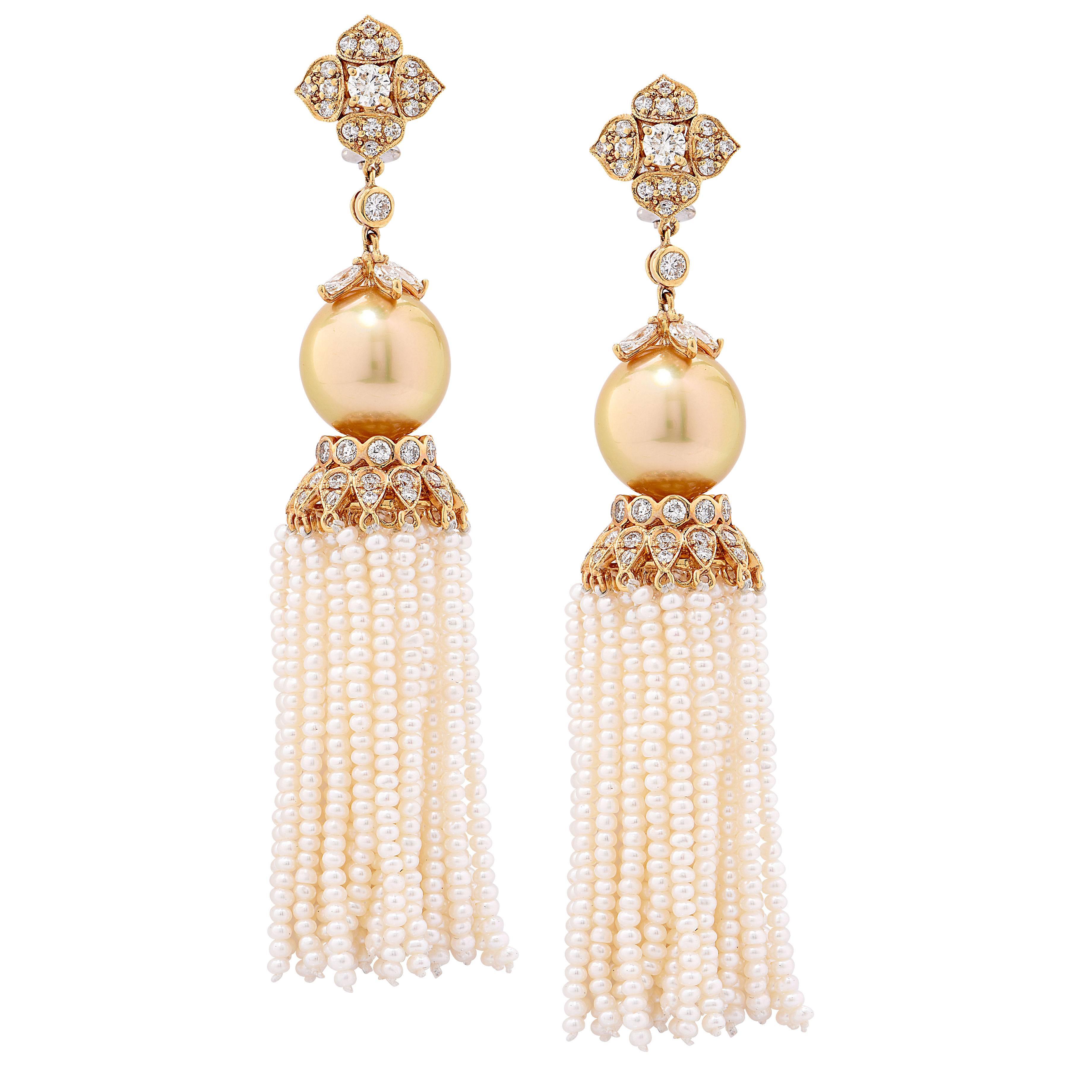 4.05 Carat Diamond and Golden South Sea Pearl Ear Clips with Removable Tassel For Sale