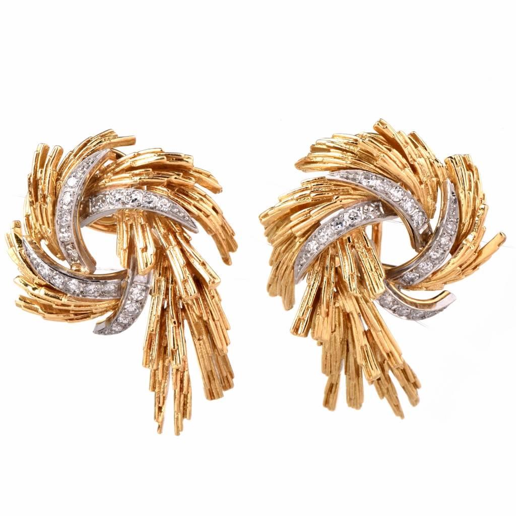 Diamond Textured Gold Floral Spray Clip-Back Earrings