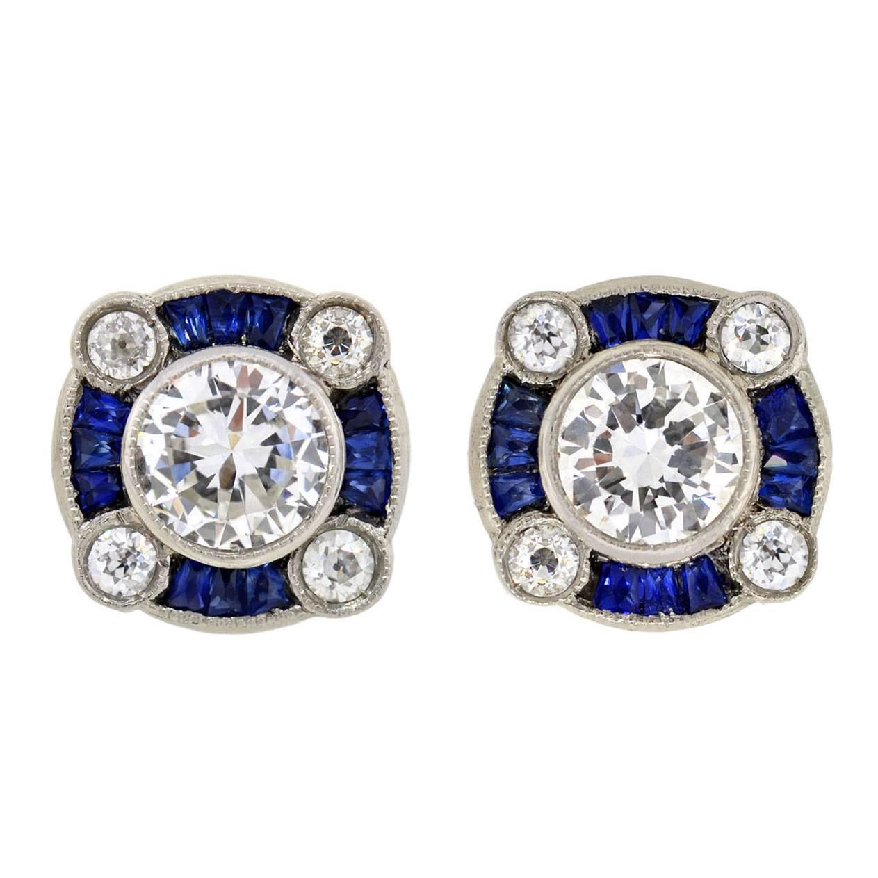 Sapphire Diamond Platinum Stud Earrings 