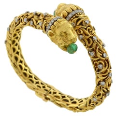 1960s Zolotas Emerald Diamond Gold Lion Bracelet