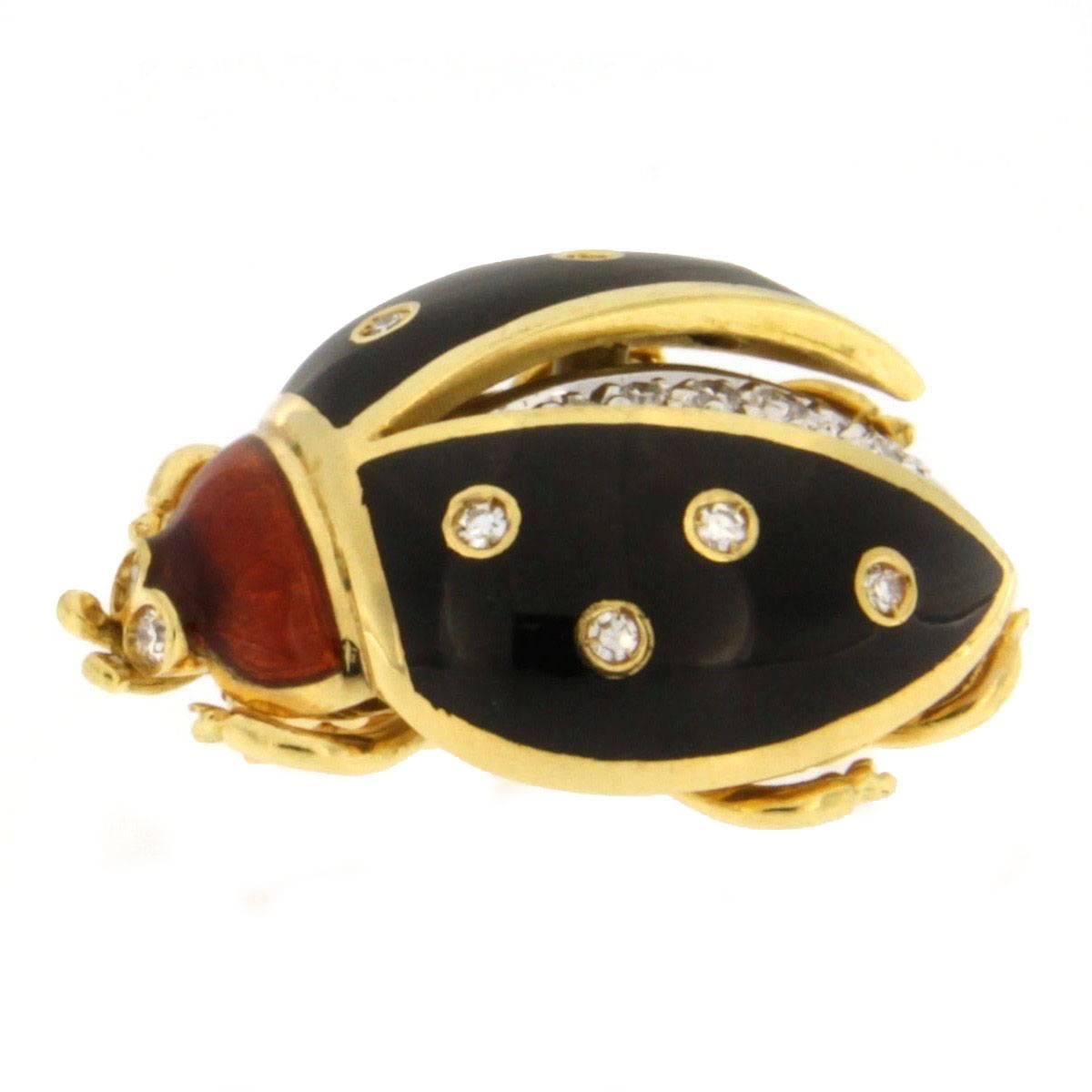 Jona Enamel Diamond Gold Ladybug Brooch