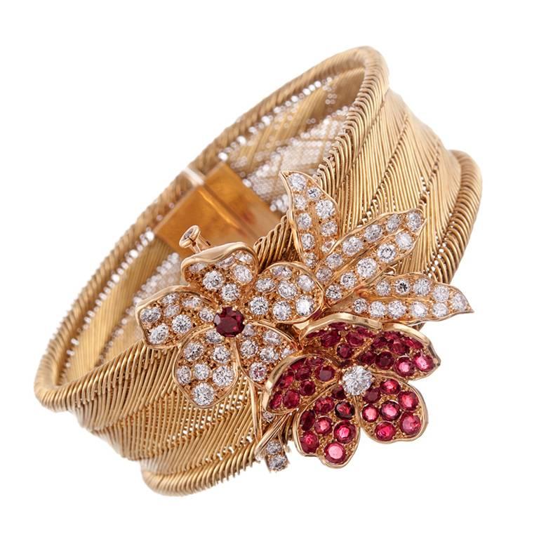 French Gold Mesh Ribbon Bracelet with Detachable Floral Brooch For Sale