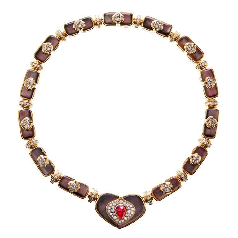 Harry Winston Black Mother of Pearl Ruby Diamond Gold Necklace