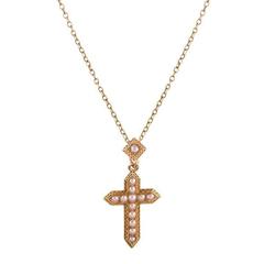 Antique Victorian Pearl Gold Cross on Fitted Chain