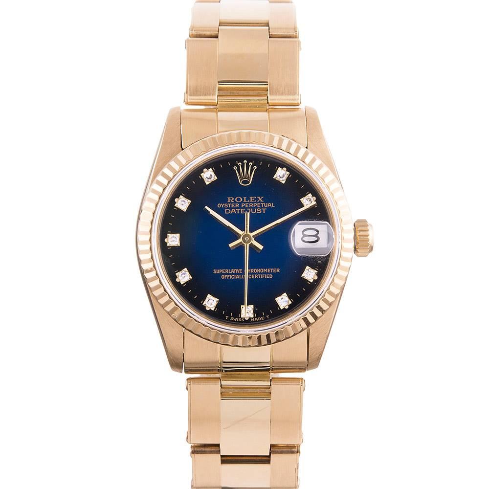 Rolex Lady's Yellow Gold Diamond Dial Blue Vignette Wristwatch Ref 68278