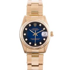 Retro Rolex Lady's Yellow Gold Diamond Dial Blue Vignette Wristwatch Ref 68278 
