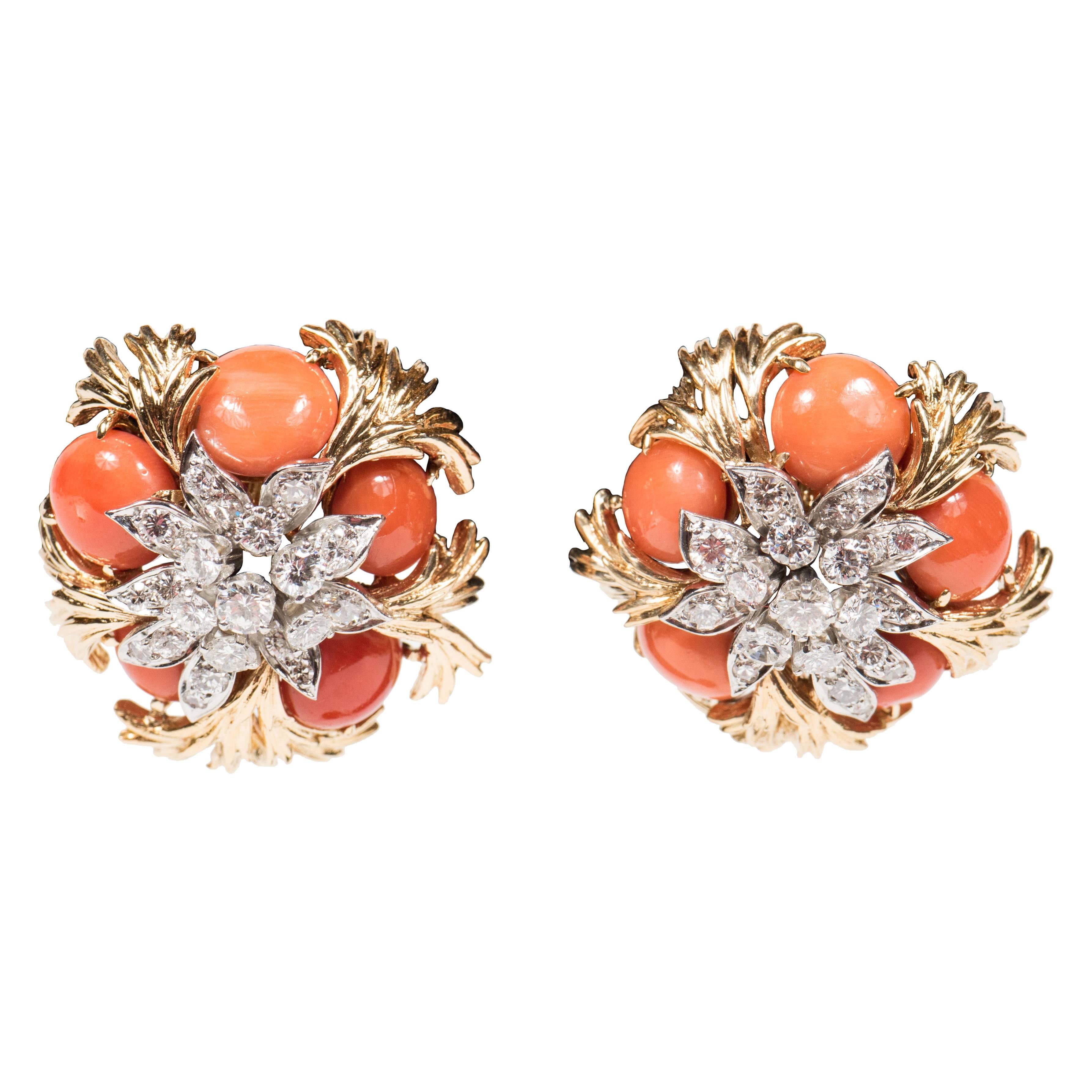 Mid-Century Pair of 18k Gold, Platinum, Coral and Diamond Earclips by David Webb