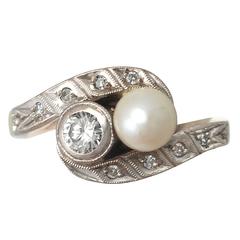 0.37Ct Diamond and Pearl, 14k Yellow Gold Twist Ring - Antique Circa 1930 6