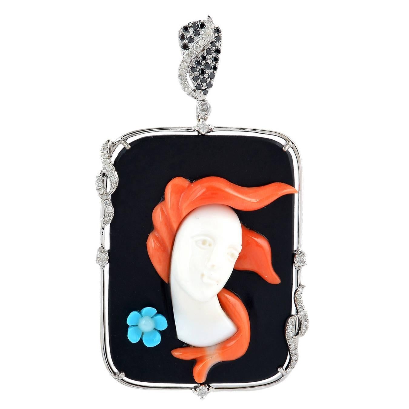 Coral Onyx Cameo Diamond Gold Pendant 