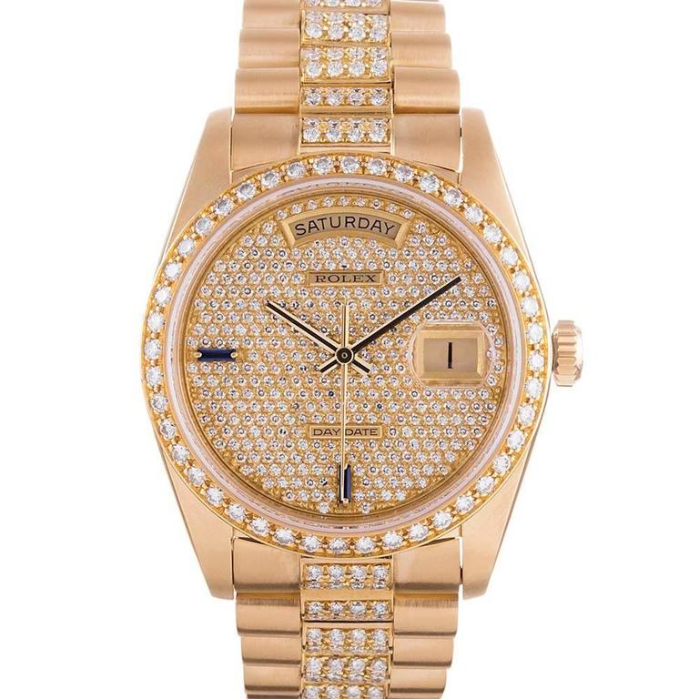 Rolex Yellow Gold Diamond Sapphire Dial Day-Date Wristwatch Ref 18048 ...