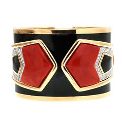 Special Cut Coral Black Enamel Diamond Gold Cuff Bracelet 6