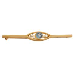 0.47Ct Aquamarine & Seed Pearl, 15k Yellow Gold Bar Brooch - Antique Circa 1910 11