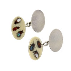 Antique Victorian Bone Abalone Mother of Pearl Silver Insect Cufflinks