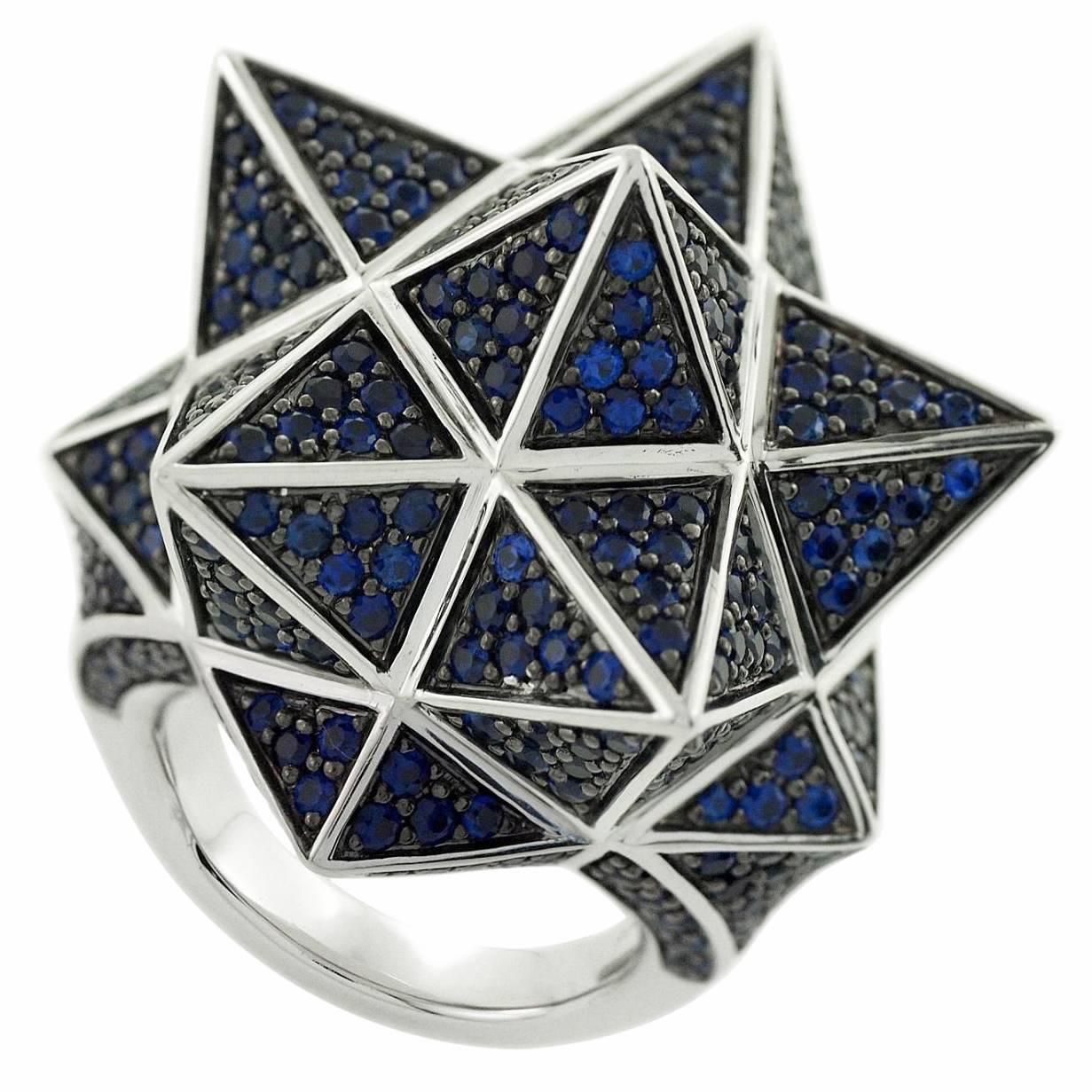 Tetra Full Pave Blue Sapphire Silver Star Ring For Sale