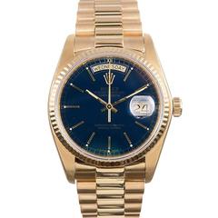 Vintage Rolex Yellow Gold Blue Dial Day-Date Wristwatch Ref 18038
