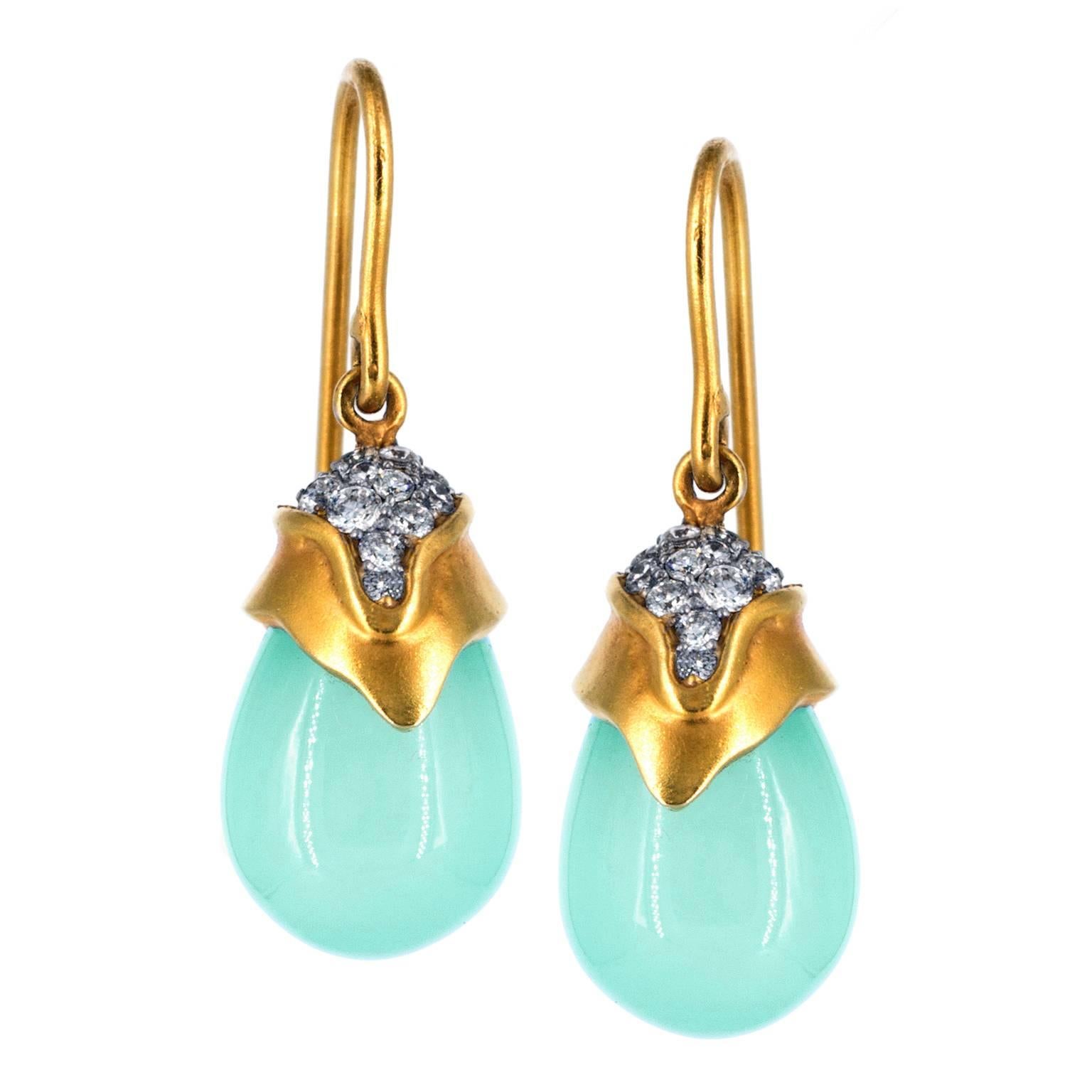Lauren Harper Soft Blue Peruvian Chalcedony White Diamond Gold Drop Earrings